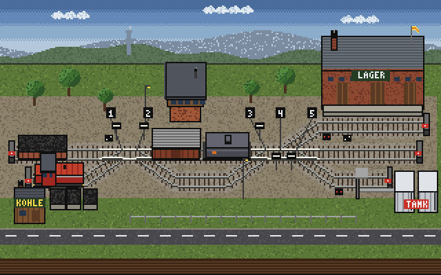 Screenshot of the Rangierpuzzle: a small freight yard with a warehouse, a coal yard and a tank farm